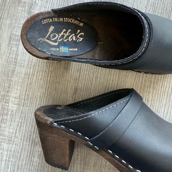 Lotta from Stockholm Black Heeled Clog Shoes Sz 37 / US 7 Wooden Heel - Picture 4 of 8